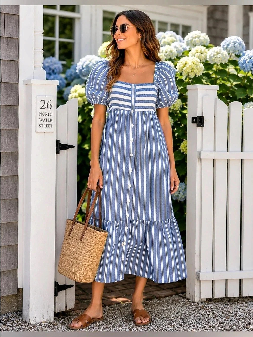 Love Tomas Emerson Fry Striped Puff Sleeve Midi Dress
